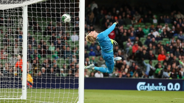 6 June 2025; Republic of Ireland goalkeeper Caoimhin Kelleher makes a save during the international friendly match between Republic of Ireland and Senegal at the Aviva Stadium in Dublin. Photo by Michael P Ryan/Sportsfile