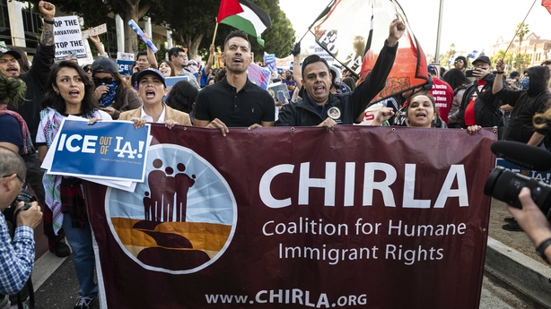 LOS ANGELES, CALIFORNIA - JUNE 06: Protesters gather outside of the Federal Building in downtown Los Angeles after the FBI and Ice Agents made arrests of illegal immigrants located in DTLA in Los Angeles, California, United States on June 06, 2025. (Photo by Jon Putman/Anadolu via Getty Images)