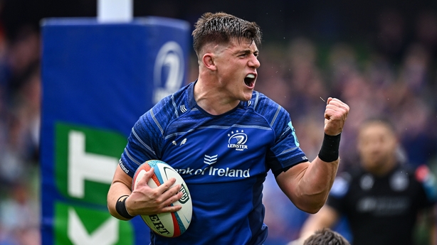 7 June 2025; Dan Sheehan of Leinster celebrates after scoring his side's first try during the United Rugby Championship semi-final match between Leinster and Glasgow Warriors at the Aviva Stadium in Dublin. Photo by Seb Daly/Sportsfile