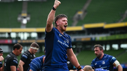 Joe McCarthy celebrates Leinster's fourth try