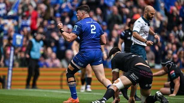 7 June 2025; Dan Sheehan of Leinster celebrates after scoring his side's first try during the United Rugby Championship semi-final match between Leinster and Glasgow Warriors at the Aviva Stadium in Dublin. Photo by Brendan Moran/Sportsfile