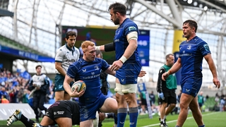 7 June 2025; Ciarán Frawley of Leinster with teammates Jack Conan and Scott Penny after scoring their side's sixth try during the United Rugby Championship semi-final match between Leinster and Glasgow Warriors at the Aviva Stadium in Dublin. Photo by Bre