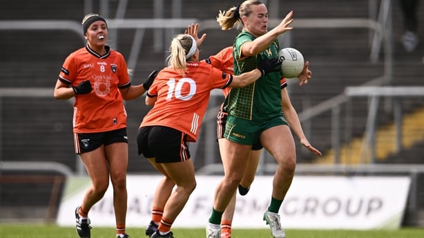Meath's Vikki Walsh is tackled by Armagh's Lauren McConville