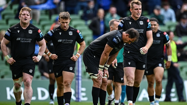 7 June 2025; Glasgow Warriors players dejected after conceding a sixth try during the United Rugby Championship semi-final match between Leinster and Glasgow Warriors at the Aviva Stadium in Dublin. Photo by Seb Daly/Sportsfile