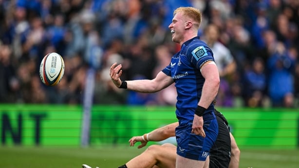 7 June 2025; Jamie Osborne of Leinster celebrates a try, which was subsequently disallowed, during the United Rugby Championship semi-final match between Leinster and Glasgow Warriors at the Aviva Stadium in Dublin. Photo by Brendan Moran/Sportsfile