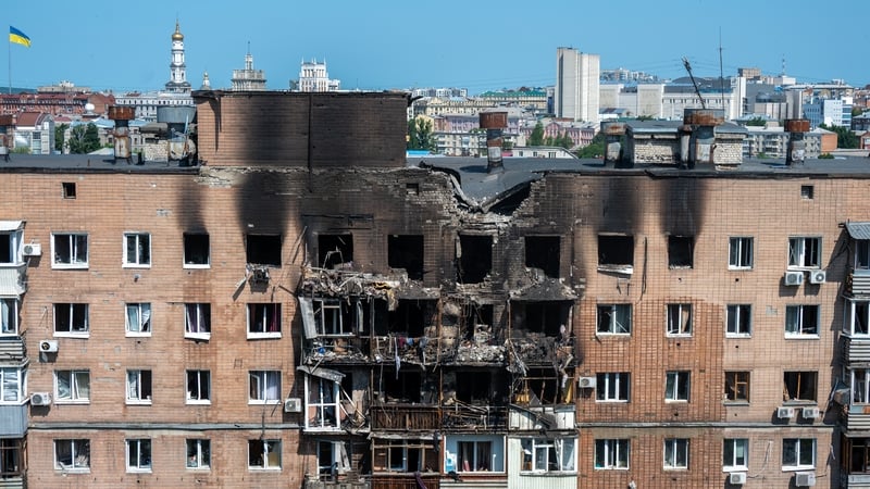 A view of a destroyed apartment block in Kharkiv following Russia's drone and bomb attack on the eastern Ukrainian city