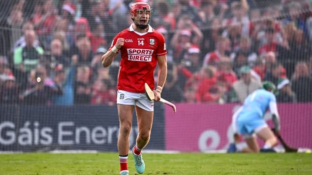 7 June 2025; Alan Connolly of Cork celebrates after scoring a penalty in the penalty shoot-out of the Munster GAA Hurling Senior Championship final match between Limerick and Cork at LIT Gaelic Grounds in Limerick. Photo by Piaras Ó Mídheach/Sportsfile