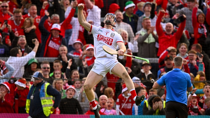 7 June 2025; Cork goalkeeper Patrick Collins celebrates after his side's victory in the penalty shoot-out of the Munster GAA Hurling Senior Championship final match between Limerick and Cork at LIT Gaelic Grounds in Limerick. Photo by Piaras Ó Mídheach/Sp