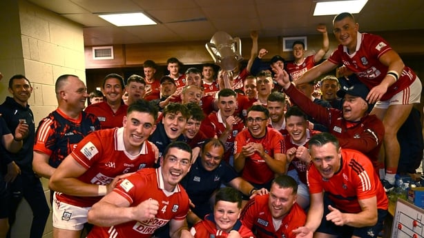7 June 2025; Cork players celebrate in the dressing room after their side's victory in the Munster GAA Hurling Senior Championship final match between Limerick and Cork at LIT Gaelic Grounds in Limerick. Photo by Piaras Ó Mídheach/Sportsfile