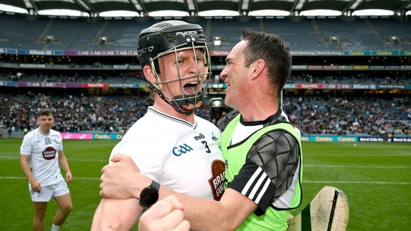 Kildare manager Brian Dowling embraces Rian Boran after full-time in Croke Park