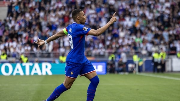 STUTTGART, GERMANY - JUNE 8: Kylian Mbappé celebrates after scoring the team's first goal during the UEFA Nations League 2025 third place match between Germany and France at Stuttgart Arena on June 8, 2025 in Stuttgart, Germany. (Photo by Philipp Kresnik/