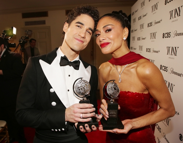 Darren Criss, winner Best Lead Actor in a Musical for "Maybe Happy Ending" and Nicole Scherzinger, winner Best Performance by an Actress in a Leading Role in a Musical award for "Sunset Blvd." pose in The 78th Annual Tony Awards Media Room