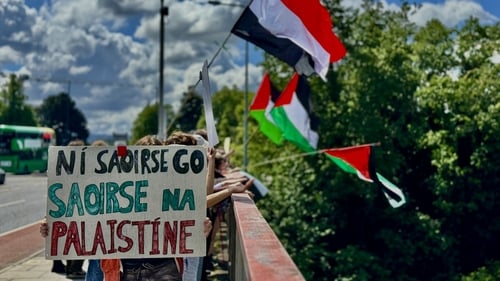 'Slogans like Saoirse don Phalaistín show how Irish is being used not just to communicate, but to symbolically align the Palestinian cause with Ireland's own history of resistance.' Photo: Mostafa Darwish/Anadolu via Getty Images