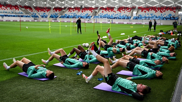 9 June 2025; Players stretch during a Republic of Ireland training session at the Stade de Luxembourg in Luxembourg. Photo by Stephen McCarthy/Sportsfile