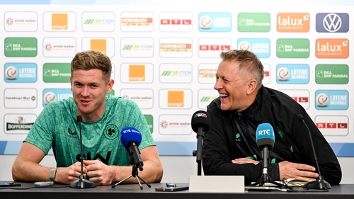 Nathan Collins with manager Heimir Hallgrímsson in Luxembourg in Monday