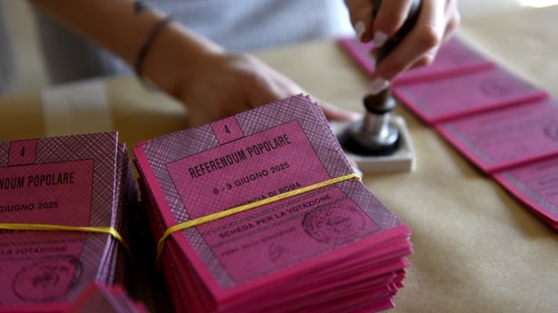 ROME, ITALY - JUNE 7:Young scrutineers at a polling station stamp and sign ballot papers,on June 7, 2025 in Rome, Italy. On June 8 and 9, Italy will vote in five abrogative referendums, four on the issue of work and one on citizenship for foreigners.(Photo by Simona Granati - Corbis/Corbis via Getty