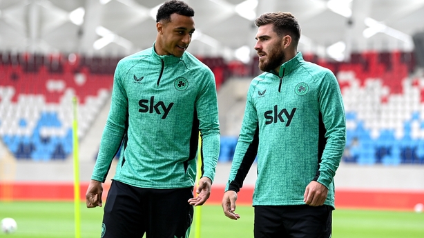 Adam Idah, left, and Ryan Manning during a Republic of Ireland training session at the Stade de Luxembourg in Luxembourg.