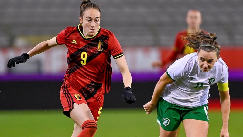 Belgian striker Tessa Wullaert in action against Katie McCabe in 2021