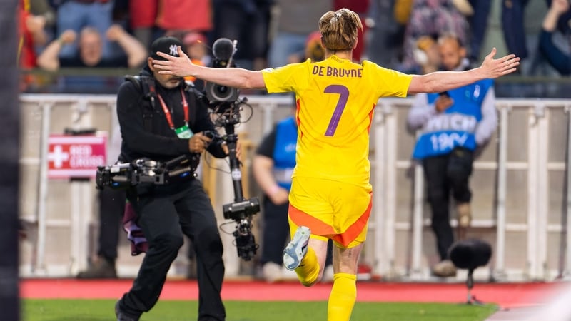 Kevin De Bruyne wheels away after claiming the seventh goal of the game in Brussels