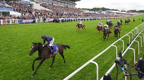 Lazy Griff (pale blue and orange silks) finished three and three-quarter lengths behind Lambourn at Epsom