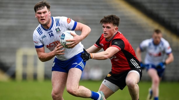 23 March 2025; Andrew Woods of Monaghan in action against Micheal Rooney of Down during the Allianz Football League Division 2 match between Monaghan and Down at St Tiernach's Park in Clones, Monaghan. Photo by Philip Fitzpatrick/Sportsfile