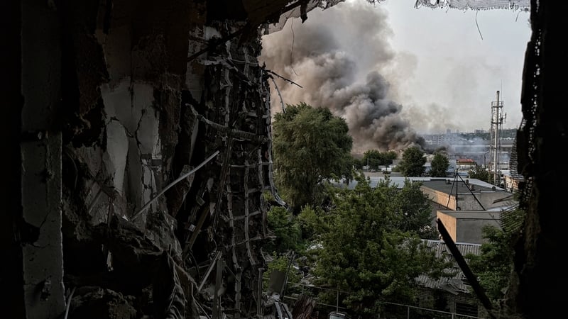 A building damaged after a Russian missile and drone attack in Kyiv, Ukraine