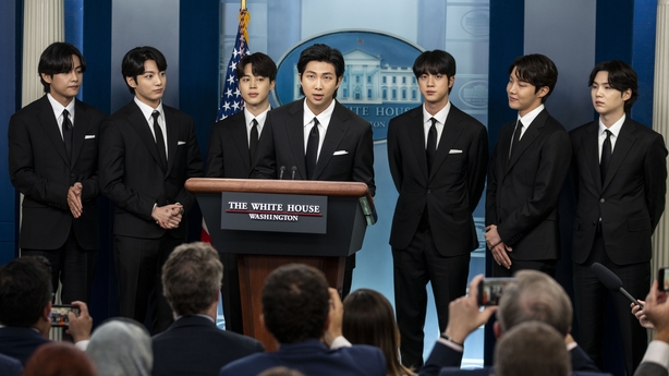 WASHINGTON, DC - MAY 31: Members of the South Korean pop group BTS or Bantam Boys, (L to R) V (Kim Taehyung), JK (Jeon Jungkook), Jimin (Park Ji-min), RM Rap Monster (Kim Namjoon), Jin (Kim Seok-jin), J-Hope (Jung Ho-seok) and Suga (Min Yoongi) speak at the daily press briefing at the White House, o
