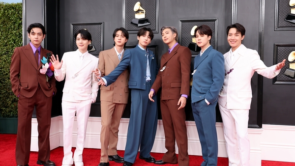 LAS VEGAS, NEVADA - APRIL 03: V, Suga, Jin, Jungkook, RM, Jimin and J-Hope of BTS attends the 64th Annual GRAMMY Awards at MGM Grand Garden Arena on April 03, 2022 in Las Vegas, Nevada. (Photo by Amy Sussman/Getty Images)