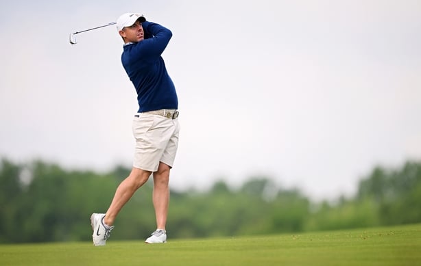OAKMONT, PENNSYLVANIA - JUNE 10: Rory McIlroy of Northern Ireland plays a shot on the 15th hole during a practice round prior to the 125th U.S. OPEN at Oakmont Country Club on June 10, 2025 in Oakmont, Pennsylvania. (Photo by Ross Kinnaird/Getty Images)