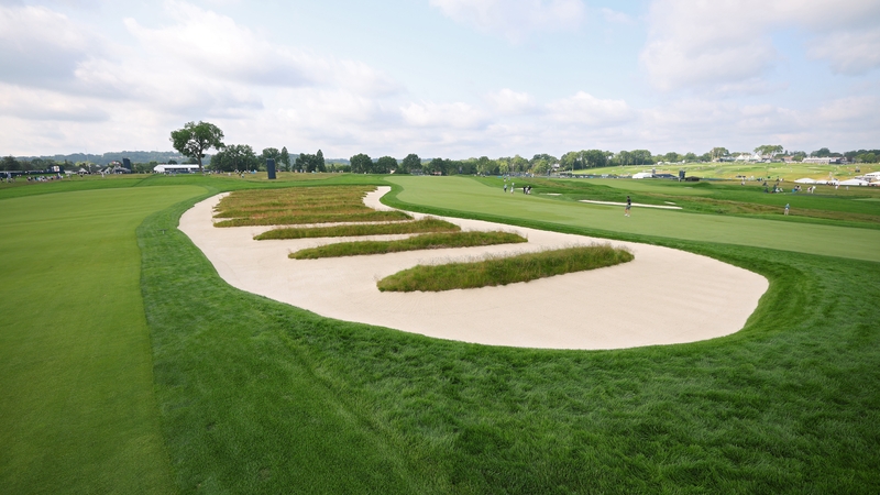 A view of the third hole at Oakmont, featuring the famous Church Pews bunkers