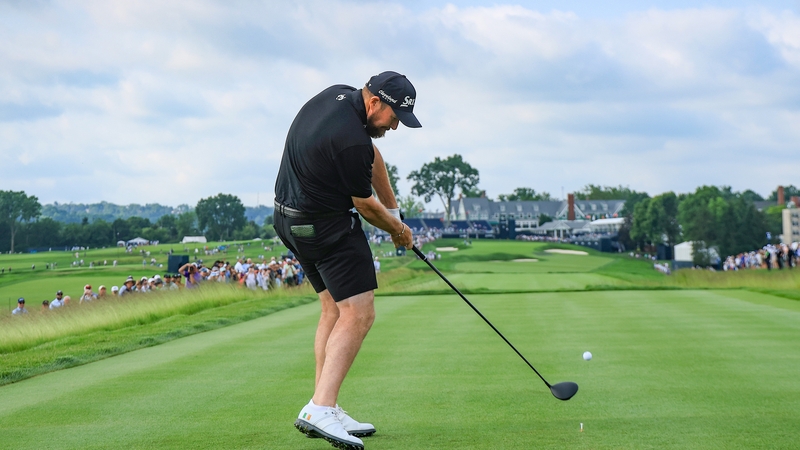 Shane Lowry tees off at the 18th during his practice round at Oakmont