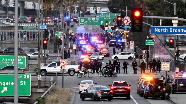Los Angeles, CA - June 10: Highway Patrol along with LAPD prepare to lock down the streets as a 8pm curfew goes into effect in Los Angeles on Tuesday, June 10, 2025.(Photo by Keith Birmingham/MediaNews Group/Pasadena Star-News via Getty Images)