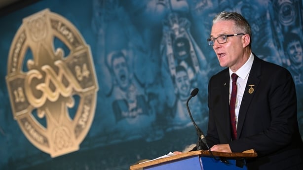 Donegal , Ireland - 22 February 2025; Uachtarán Chumann Lúthchleas Gael Jarlath Burns during day two of the GAA Congress at The Abbey Hotel in Donegal. (Photo By Ramsey Cardy/Sportsfile via Getty Images)