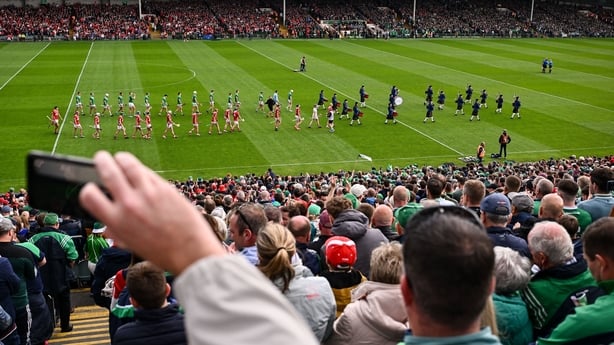 7 June 2025; A general view of the parade before the Munster GAA Hurling Senior Championship final match between Limerick and Cork at LIT Gaelic Grounds in Limerick. Photo by Piaras Ó Mídheach/Sportsfile