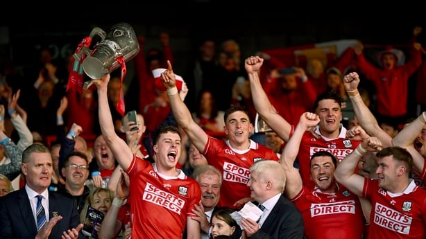 7 June 2025; Cork captain Robert Downey lifts the Mick Mackey Cup after his side' victory in the Munster GAA Hurling Senior Championship final match between Limerick and Cork at LIT Gaelic Grounds in Limerick. Photo by Piaras Ó Mídheach/Sportsfile