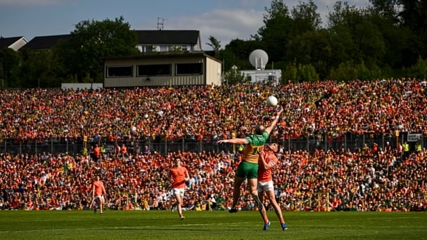 10 May 2025; Michael Murphy of Donegal in action against Greg McCabe of Armagh during the Ulster GAA Football Senior Championship final match between Armagh and Donegal at St Tiernach's Park in Clones, Monaghan. Photo by Ramsey Cardy/Sportsfile