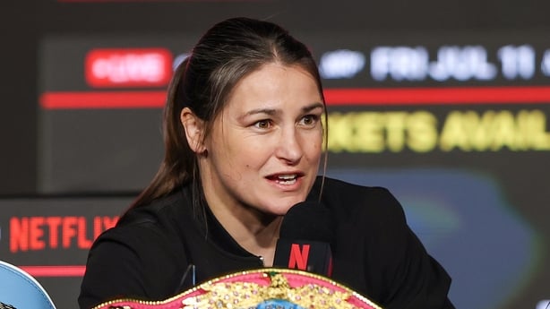 NEW YORK, NEW YORK - APRIL 09: Katie Taylor speaks during the Katie Taylor vs. Amanda Serrano Press Conference at The Theater at Madison Square Garden on April 09, 2025 in New York City. (Photo by Sarah Stier/Getty Images for Netflix)