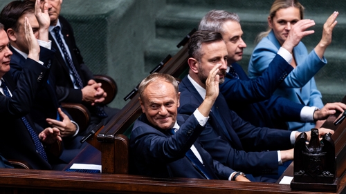 Polish Prime Minister Donald Tusk pictured during a vote of confidence in his government in the parliament in Warsaw