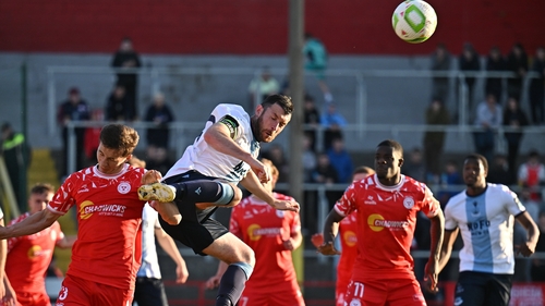 Drogheda United's Ryan Brennan heads clear during his team's clash with Shelbourne in May