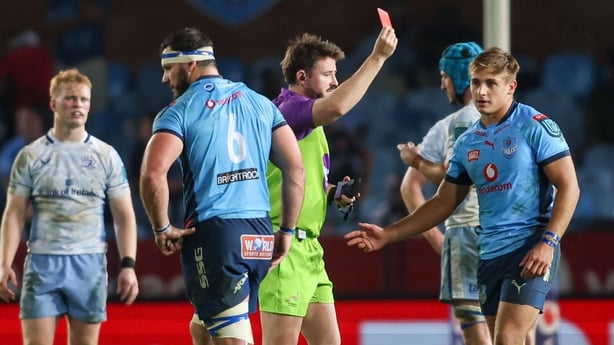 Pretoria , South Africa - 22 March 2025; Referee Ben Whitehouse shows a red card to Sebastian De Klerk of Vodacom Bulls during the United Rugby Championship match between Vodacom Bulls and Leinster at Loftus Versfeld Stadium in Pretoria, South Africa. (Photo By Shaun Roy/Sportsfile via Getty Images)
