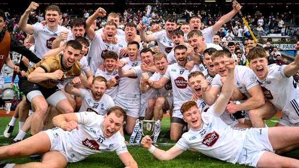 Dublin , Ireland - 8 June 2025; The Kildare team celebrate after the Joe McDonagh Cup final match between Kildare and Laois at Croke Park in Dublin. (Photo By Ramsey Cardy/Sportsfile via Getty Images)