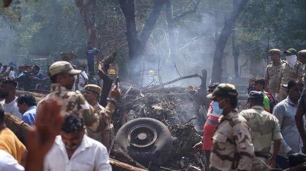 An aircraft tire amongst the debris at the crash site of Air India Ltd. flight AI171 in Ahmedabad, Gujarat, India, on Thursday, June 12, 2025. An Air India Boeing 787 Dreamliner traveling from Ahmedabad to London's Gatwick airport crashed shortly after taking off, in what stands to be the most serio