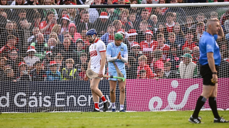 Cork goalkeeper Patrick Collins and Limerick goalkeeper Nickie Quaid during the penalty shootout that decided the Munster hurling final