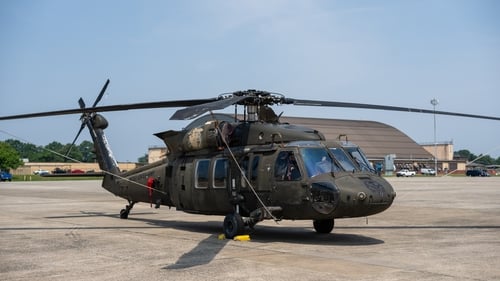 A Sikorsky UH-60 Black Hawk ahead of the US Army's 250th Anniversary Parade at Joint Base Andrews, Maryland