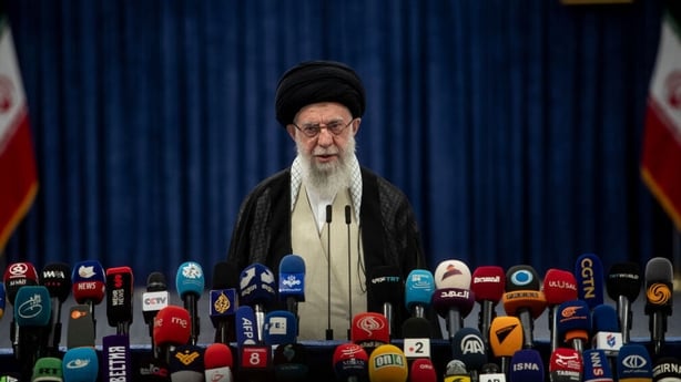 TEHRAN, IRAN - JUNE 28: Iran's supreme leader Ayatollah Ali Khamenei, addresses the media after casting of his ballot in the presidential runoff elections in Tehran on June 28, 2024. Iran's Guardian Council had approved six candidates for the June 28 election to replace president Ebrahim Raisi, who