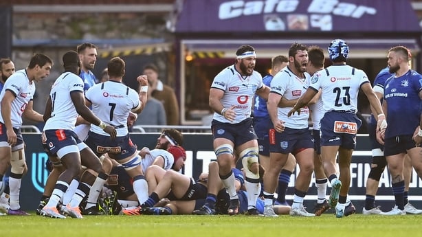 10 June 2022; Vodacom Bulls players celebrate their side's third try during the United Rugby Championship Semi-Final match between Leinster and Vodacom Bulls at the RDS Arena in Dublin. Photo by David Fitzgerald/Sportsfile