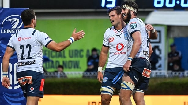 10 June 2022; Ruan Nortje, right, and WJ Steenkamp of Vodacom Bulls celebrate after the United Rugby Championship Semi-Final match between Leinster and Vodacom Bulls at the RDS Arena in Dublin. Photo by Harry Murphy/Sportsfile