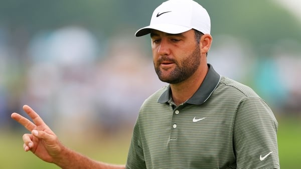 Scottie Scheffler of the United States reacts on the tenth green during the second round of the 125th U.S. OPEN at Oakmont Country Club on June 13, 2025 in Oakmont, Pennsylvania.