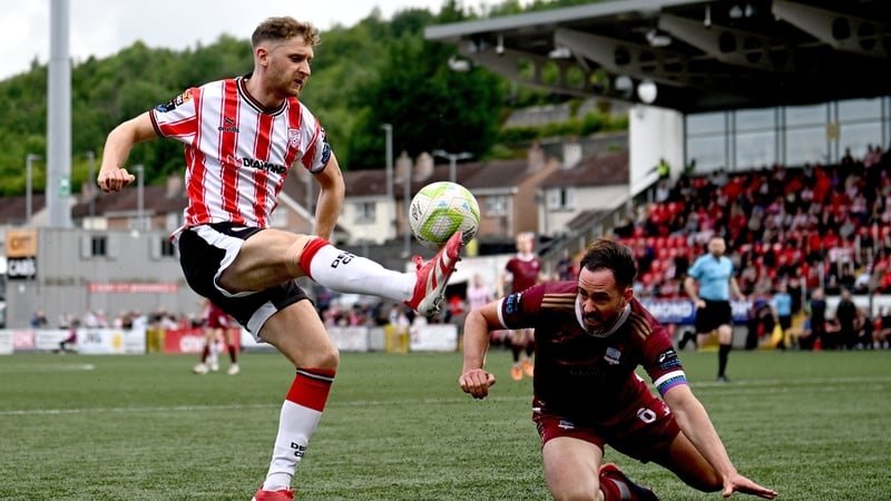 Ronan Boyce of Derry City in action against Greg Cunningham of Galway United