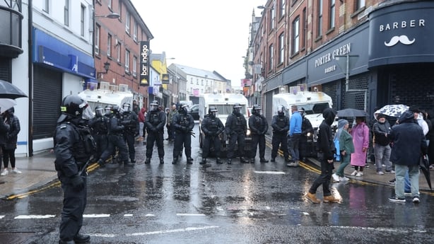 PORTADOWN, N.IRELAND - JUNE 12: A large police presence met protesters in Portadown town center this evening after a leaflet was shared on social media calling all residents of the Co.Armagh town to march on the homes of so-called Migrant gangs. Police issued a statement earlier in the evening which